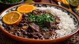 colorful plate of Brazilian feijoada, a hearty stew of black beans, smoked meats, and spices, served with fluffy white rice and tangy orange slices.
