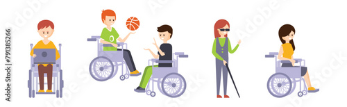 Happy Disabled People Character with Disability Vector Set