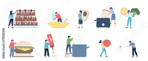 Tiny people cooking and baking. Giant cookware, vegetables, fruits and burger. Woman doing toast, people cook salad and cake, recent vector set