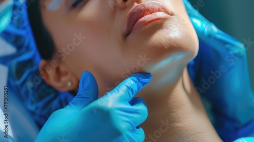 cosmetic surgeon performing a chin implant surgery to enhance chin projection and definition, creating a stronger and more balanced facial profile. © buraratn