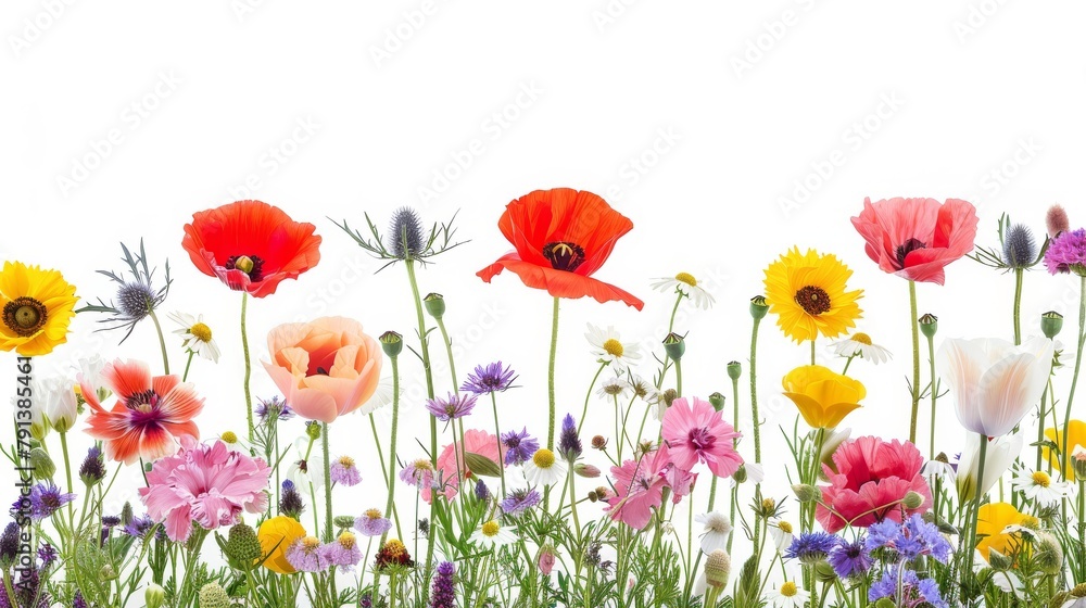 A diverse and vibrant display of meadow flowers isolated on a white background, featuring various species in full bloom, perfect for spring and summer themes.