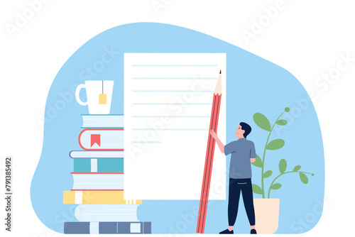 Creative copywriting. Man thinking about new article or social media post. Creativity, education or news maker. Freelance autor recent vector scene