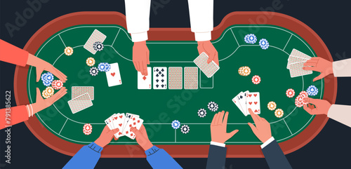 People play poker. Top view human hands with cards, casino gambling, bets and chips, game process, Vegas poker table with dealer, cartoon flat style isolated nowaday vector concept
