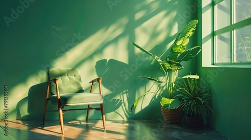 Contemporary Green Interior with Chair. Modern Design Background with copy-space. photo