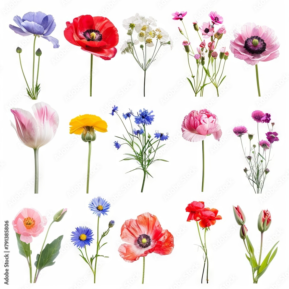 Fototapeta premium A diverse and vibrant display of meadow flowers isolated on a white background, featuring various species in full bloom, perfect for spring and summer themes.