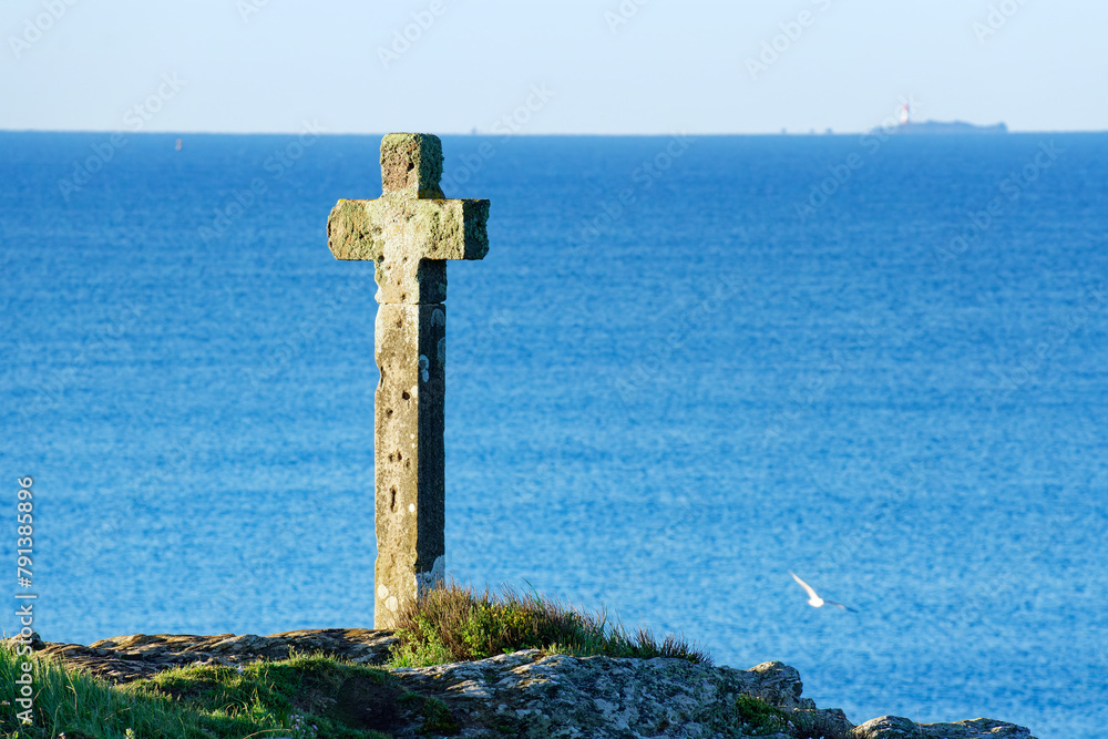 Granite cross on the cliffs of Saint-Gildas-de-Rhuys city in the Rhuys peninsula