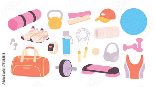 Cartoon fitness equipment. Sport elements, isolated accessories for gym and workout outdoor or home training. Healthy life racy vector clipart