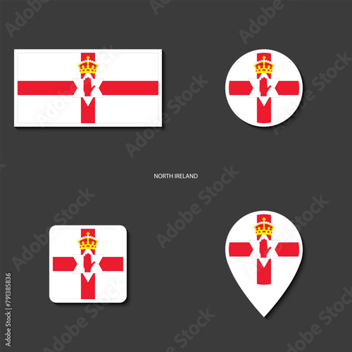 North Ireland flag icon set in different shape (rectangle, circle, square and marker icon) on dark grey background. photo
