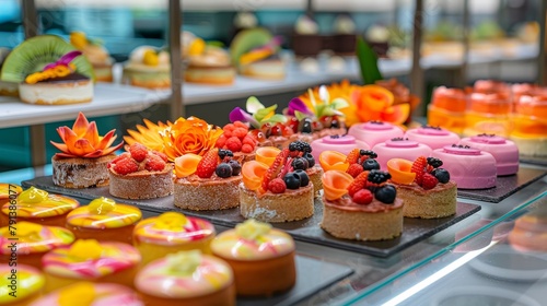 Vibrant display of tropical desserts and cakes on a pristine bakery buffet, highlighting cleanliness with a contemporary design