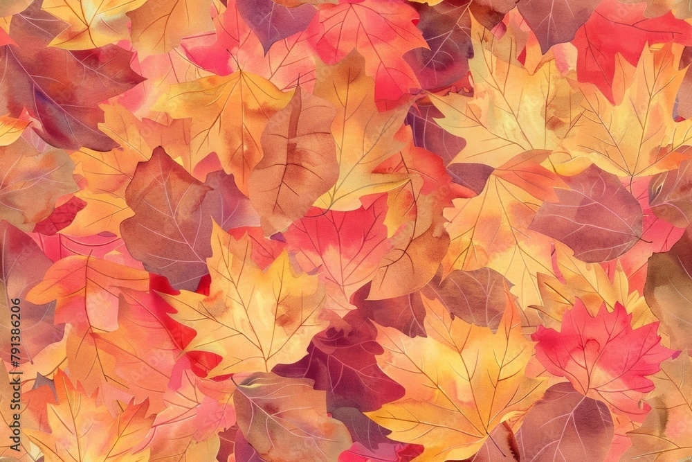Seamless pattern of watercolor autumn leaves in warm tones of orange, red and yellow. Seamless pattern of watercolor autumn leaves in warm tones of orange, red and yellow.