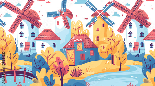 Colorful seamless pattern with watermills and windmil photo