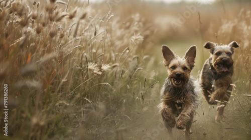 pair of happy dogs romping through a field of tall grass, tails wagging and tongues lolling, lost in the sheer delight of their playful escapade.