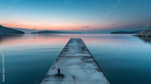 Tranquil harbor view at dawn, soft light bathing the concrete docks, serene water reflecting the morning sky