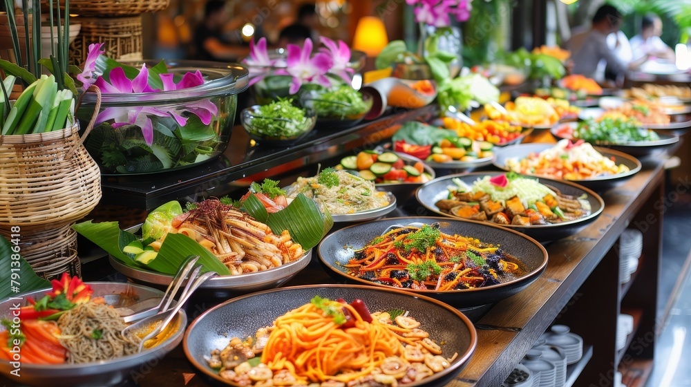 Thai buffet counter, tropical self-service setup with an array of colorful Thai dishes, showcasing a clean, polished look Thai buffet counter, tropical self-service setup with an array of colorful Thai dishes, showcasing a clean, polished look