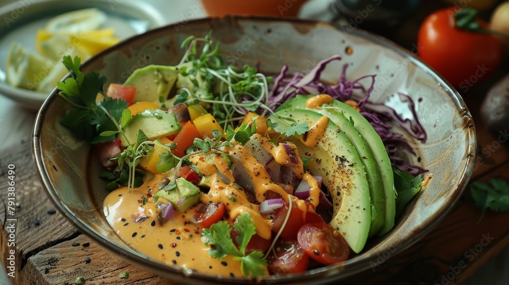 Sumptuous vegan taco feast with an assortment of fresh vegetables and avocado slices, topped with a zesty vegan sauce Sumptuous vegan taco feast with an assortment of fresh vegetables and avocado slices, topped with a zesty vegan sauce