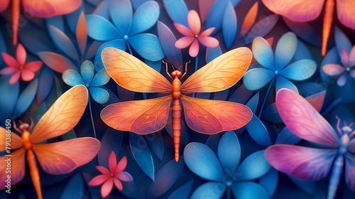 Colorful dragonflies on a background of colorful leaves and flowers
