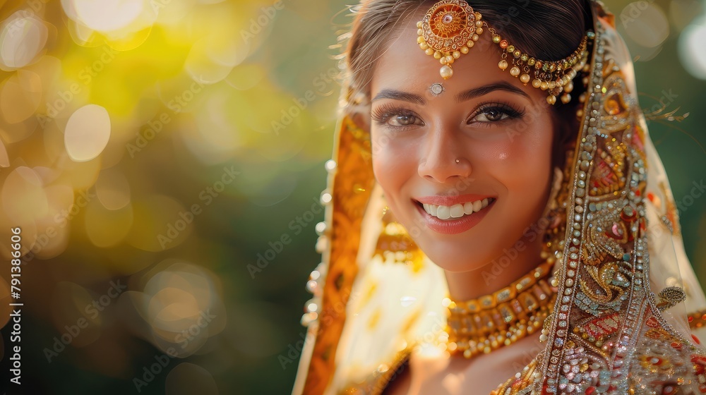 radiant bride admiring her exquisite gold bridal jewelry set, symbolizing love, prosperity, and the timeless tradition of gifting gold on special occasions.