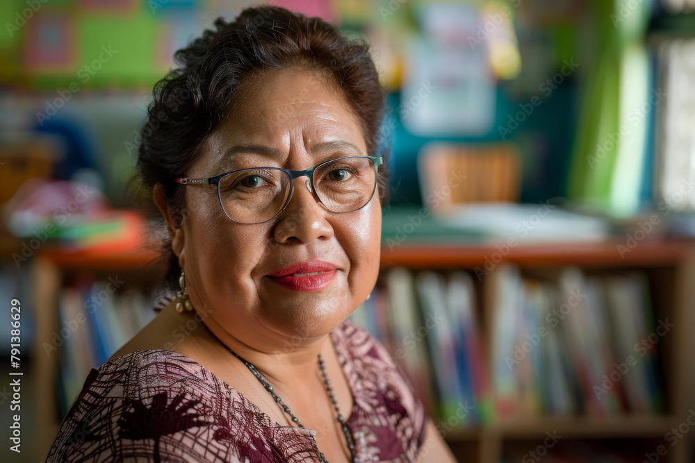 A teacher or librarian is smiling in front of a bookshelf filled with books A teacher or librarian is smiling in front of a bookshelf filled with books
