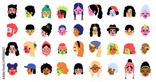 Abstract profile portraits. Funny characters, men and women in full face and profile, comic emotions, contemporary person, social media icon, cartoon doodle isolated tidy vector set