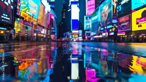 New York's Times Square glistening with vivid neon signs. People come and go as car lights pass by. An iconic scene of the pop and energetic modern city. 