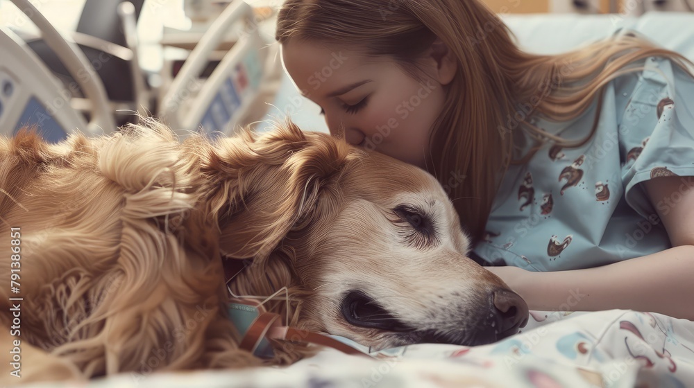 serene moment of connection as a therapy dog comforts a patient in a hospital bed, offering solace and companionship in a time of need.