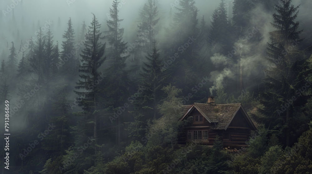 Secluded log cabin hidden in a dense, foggy forest, with a small smoke plume rising from the chimney, evoking solitude and peace Secluded log cabin hidden in a dense, foggy forest, with a small smoke plume rising from the chimney, evoking solitude and peace