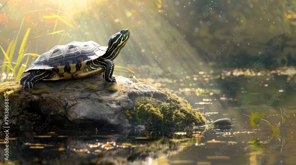 Fototapeta premium serene scene of a turtle basking on a sun-warmed rock, its ancient wisdom and calm demeanor a source of inspiration and tranquility.