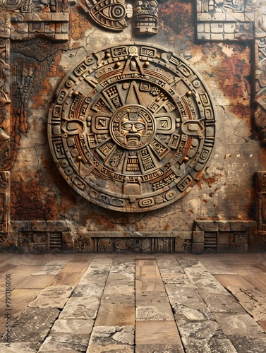 Traditional Native American motif with ancient Mesoamerican calendar on aged wall. Blank surface pattern.
