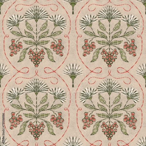 Floral ethnic seamless pattern on calm beige background. Natural repeated design with symmetric flower and berries in neutral muted colors. Block print style traditional motif for textile, carpets