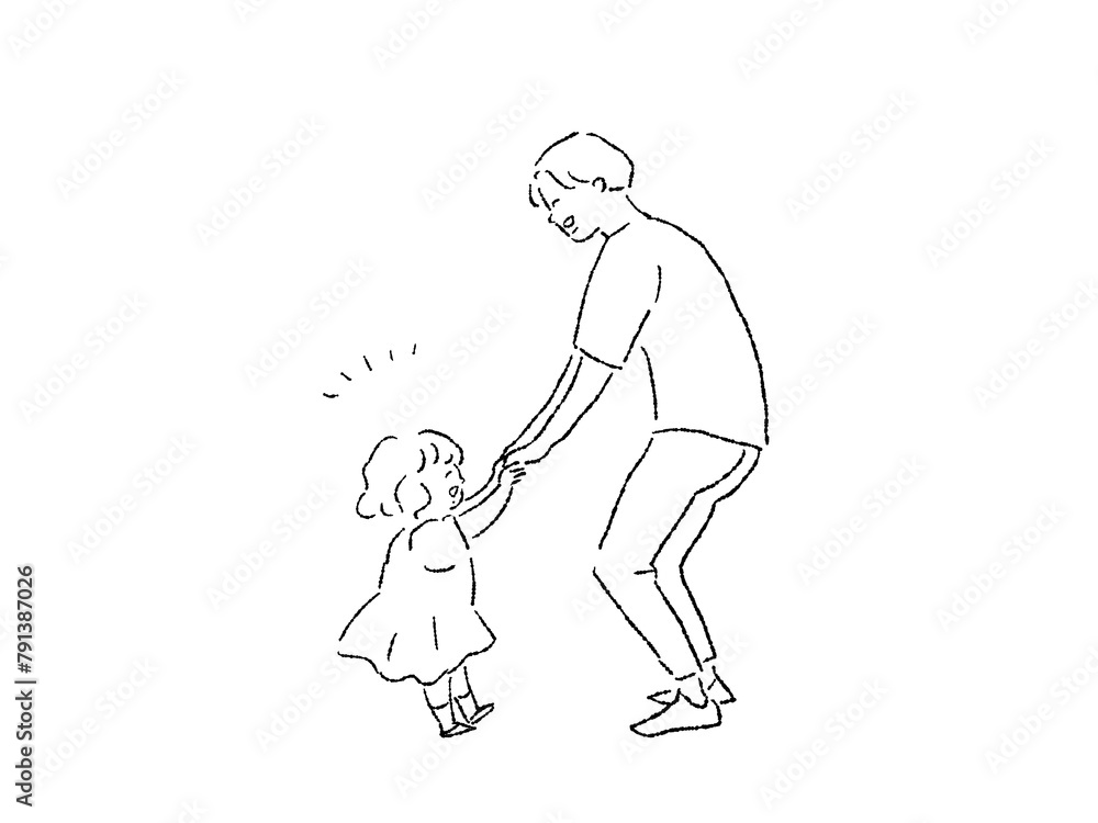 手を繋いだ親子、男性（父親）と小さい女の子、線画