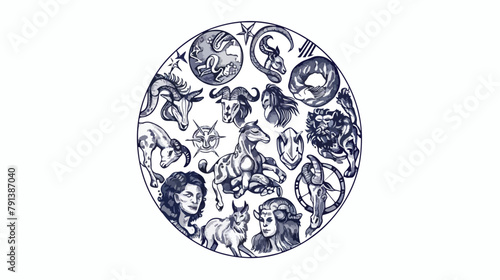 Round composition with astrological signs drawn with