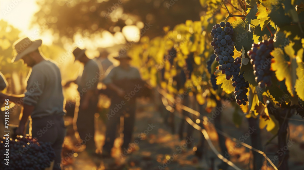 Fototapeta premium Grape harvest, with workers transporting crates of freshly picked grapes at vineyard, premium organic grapes for farm-to-table consumption