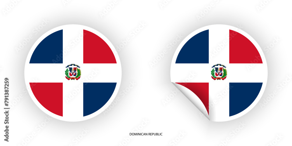 Dominican Republic sticker flag in circle shape and circular shape with peel off isolated on white background. Dominican Republic sticker flag in circle shape and circular shape with peel off isolated on white background.