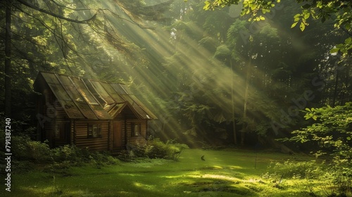 Rustic wooden cabin nestled deep within a lush, verdant forest, sunlight filtering through the trees, serene and secluded