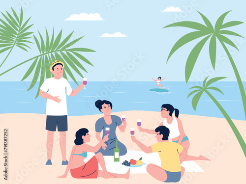 Friends picnic on beach. Seasonal outdoor recreation, group family tourism. Young people eating, drinking. Surfing in ocean or sea, recent vector scene