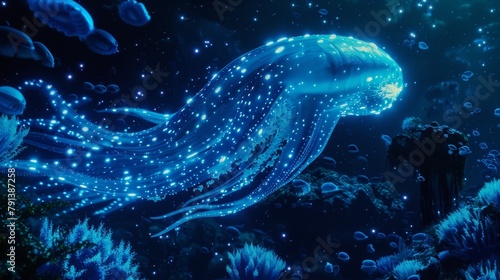 As the moon rises the depths of the ocean come alive with a multitude of bioluminescent creatures providing a unique and mesmerizing bedtime show. 2d flat cartoon. © Justlight
