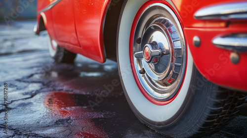 Close-up of a vintage red car's wheel with a shiny chrome hubcap and classic white sidewall tire, reflecting history. photo