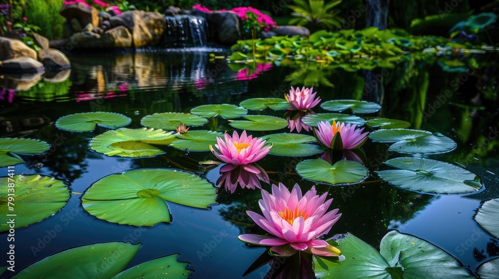 tranquil pond surrounded by water lilies and lotus flowers, reflecting the serene beauty and tranquility of a Zen-inspired garden. tranquil pond surrounded by water lilies and lotus flowers, reflecting the serene beauty and tranquility of a Zen-inspired garden.