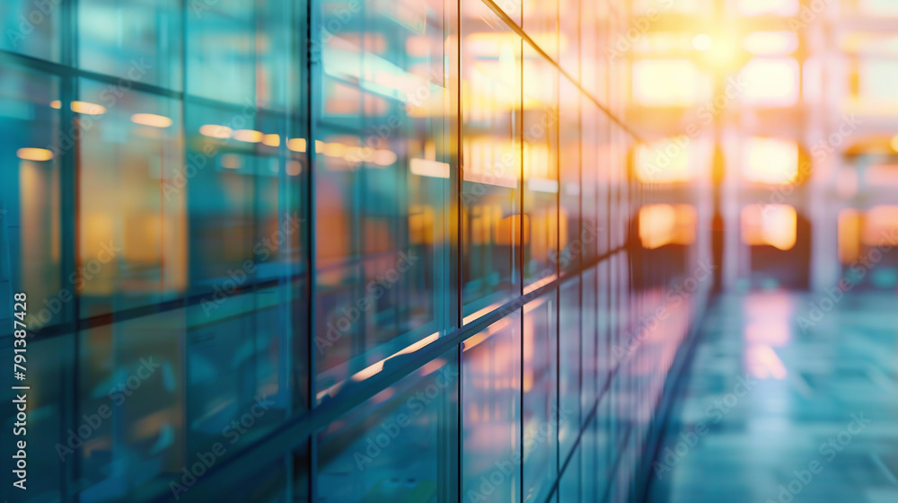 Modern office building interior with glass wall and sunlight. Blurred background. AI. Modern office building interior with glass wall and sunlight. Blurred background. AI.