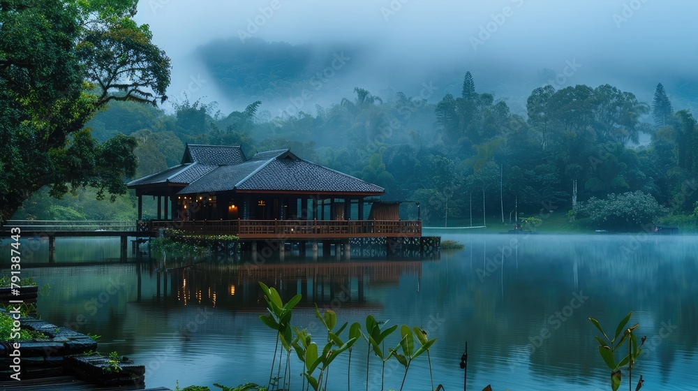Obraz premium tranquil lakeside retreat enveloped in mist and drizzle, offering a peaceful sanctuary amidst the gentle rhythms of the rainy season.