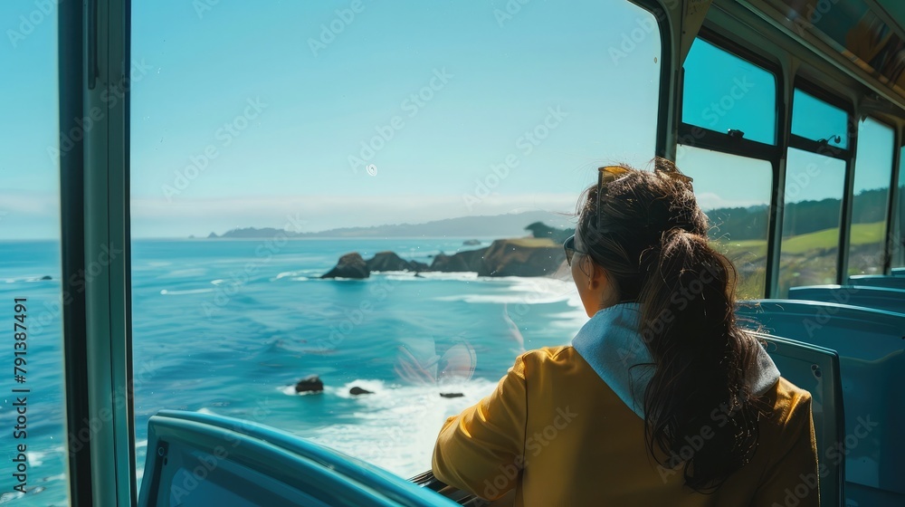 traveler enjoying a scenic coastal bus ride, marveling at breathtaking ocean views through the large windows of the coach.