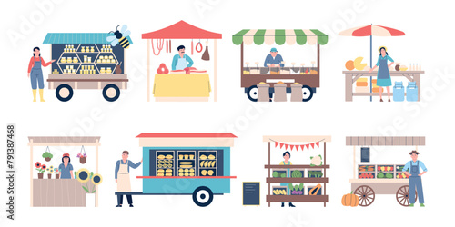 Farm market stall. Vendors with agriculture products, flowers, vegetables and fruits. Merchant of fresh meat and bakery, harvest recent vector set