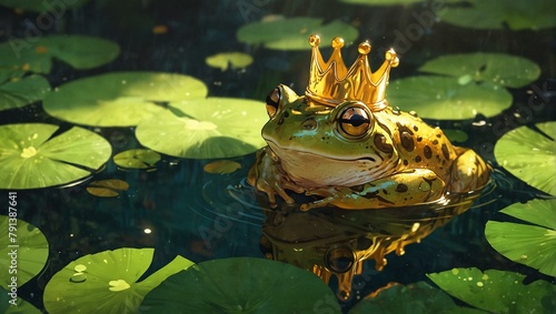 An imaginative depiction of a royal frog crowned, perched atop water lilies in a serene, magical pond brought to life through digital artwork