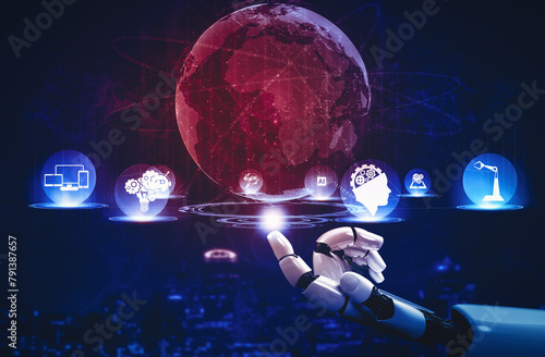 MLB 3D rendering artificial intelligence AI research of droid robot and cyborg development for future of people living. Digital data mining and machine learning technology design for computer brain.