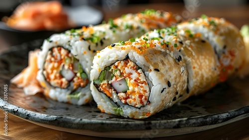 Sushi Burrito: A Delicious Fusion of Sushi and Burrito in a Large Roll. Concept Sushi Burrito, Fusion Cuisine, Japanese-Mexican Food, Trendy Eats, Unique Flavors