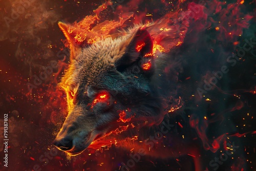 Wolf in the fire on a dark background,  Fire and smoke © Cuong