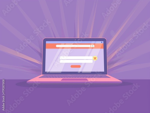 Illustration of a laptop displaying error message against a purple background  symbolizing technical issues and digital troubleshooting.