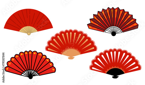 Set of Paper Folded Fan. Chinese Lunar New Year Elements. Gong xi fa cai red decorations. Asia Culture Holiday