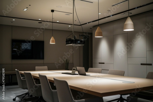 A conference table with many chairs around it, modern meeting room interior design. © Sunday Cat Studio