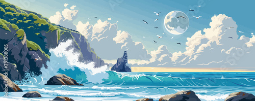 A rugged coastal cliffside with crashing waves and seabirds soaring overhead. Vector flat minimalistic isolated illustration